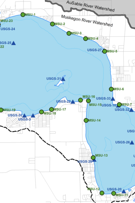 Higgins Lake Diagram of MSU and USGS water sampling sites